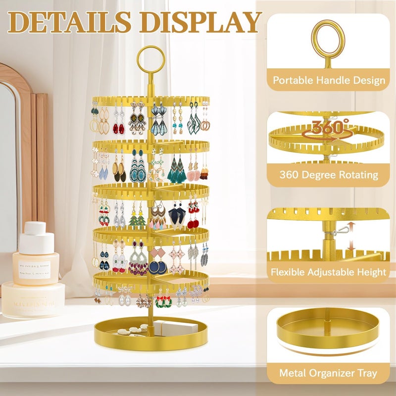 MODOWEY 5 Tier Rotating Earring Holder Organizer Display Tree with Metal Tray, Adjustable Plastic Stand with 285 Slots for Stud Hoop Hanger, Large Capacity Storage Rack for Women Space Saving, Gold - Image 3